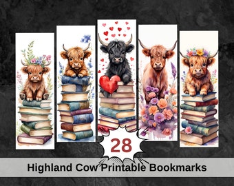 Highland Cow Printable Bookmark Designs. Digital Bookmarks PNG Files. Instant Download. 28 Files DIY Print at Home Sublimation, Cute Animals