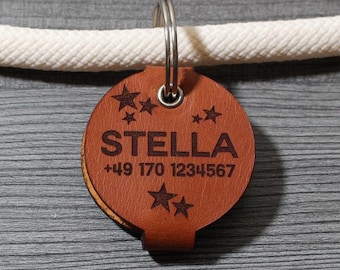 DOG TAG BAG - genuine leather - v4 - (NAME) - (PHONE) - round - Ø 4.4 cm