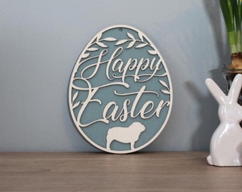 Osterdeko - ENGLISCHE BULLDOGGE - " Happy Easter " - v1 - salbei - 1 Stück - L - 20 x 16 cm