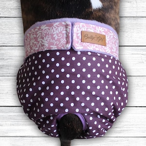 May include: A dog diaper featuring a dark purple fabric with white polka dots and a light purple waistband with a white leafy vine pattern. A rectangular tan leather patch with the text Bully Girl is centered on the waistband.