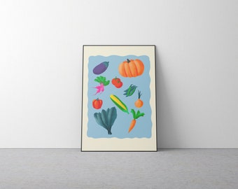 Vegetables wall art, kitchen decor, vintage, Illustration art, Cute Wall Decor, Printable Art, Downloadable Poster, Veggies, kitchen