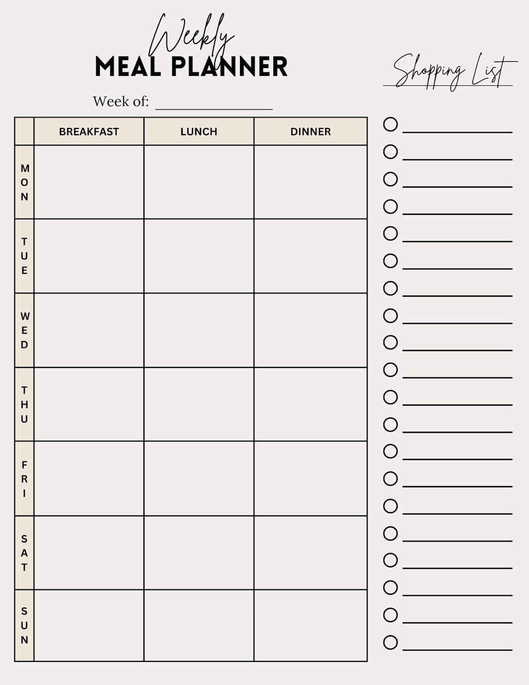 Weekly Meal Planner Digital Template Shopping List Template Digital