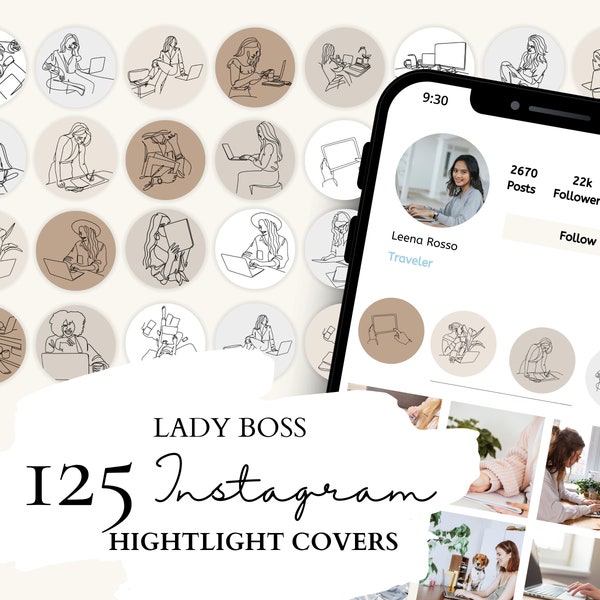 Lady Boss Instagram Highlight Covers, Working Woman Icons | Lady Boss Illustrations on 5 Neutral Backgrounds for Instagram Stories