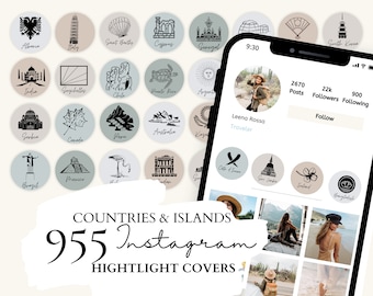 May include: A set of 955 Instagram highlight covers featuring illustrations of landmarks and symbols from different countries and islands. The covers are in a variety of colors and styles, and they are perfect for adding a touch of personality to your Instagram profile.