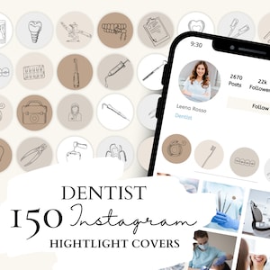 Copertine di evidenziazione di Dentista Instagram, Icone di cure dentistiche / 30 illustrazioni di dentista su 5 sfondi neutri per storie di Instagram