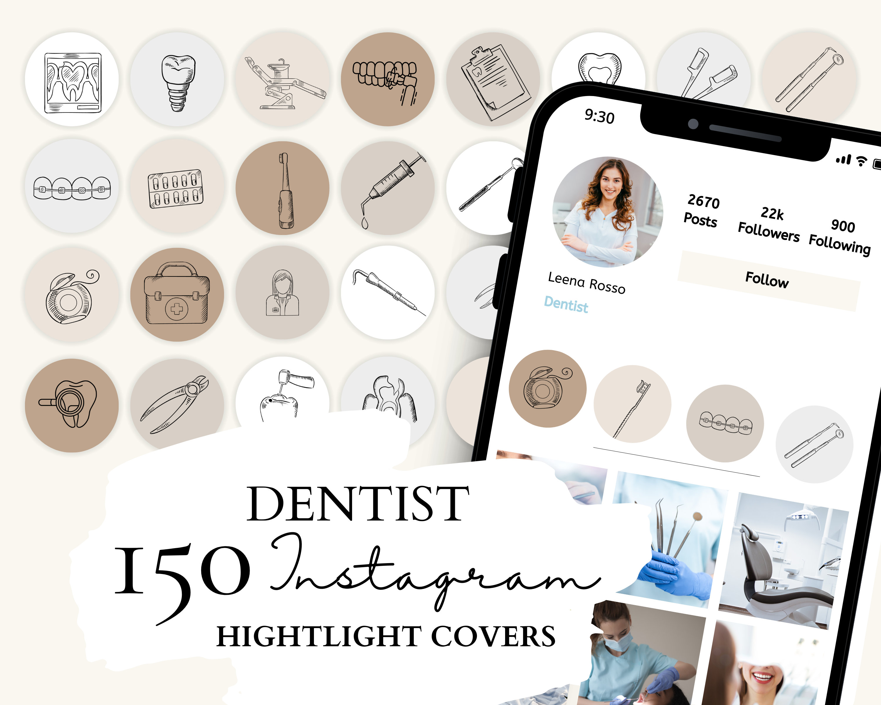 Dentist Instagram Highlight Covers, Dental care Icons | 30 Dentist Illustrations on 5 Neutral Backgrounds for Instagram Stories