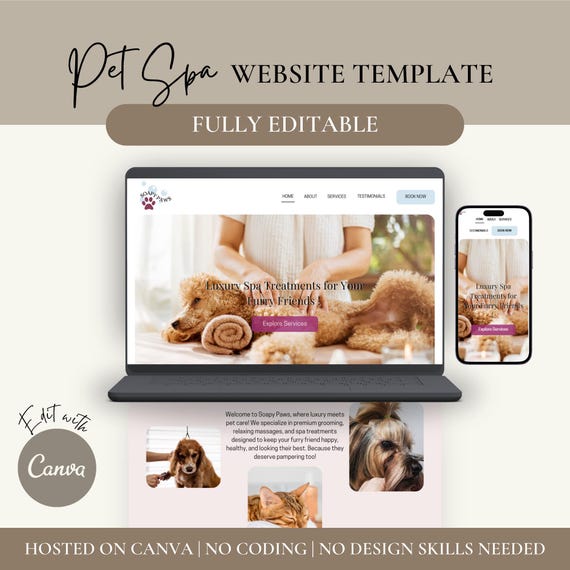 Pet Spa Website Template, Pet Services Canva Website | Canva Website Template, Canva Landing Page | Small Business Website Template