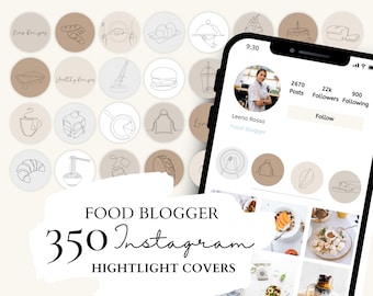 Food Blogger  Instagram Highlight Covers,Foodie Icons | 70 Food Illustrations on 5 Neutral Backgrounds for Instagram Stories