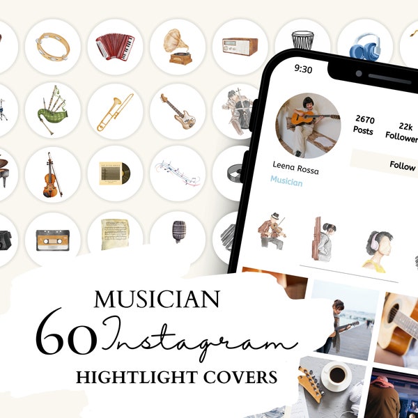 Musician Instagram Highlight Covers | Music Instagram Icons | 60 Musician Watercolor Illustrations for Instagram Stories