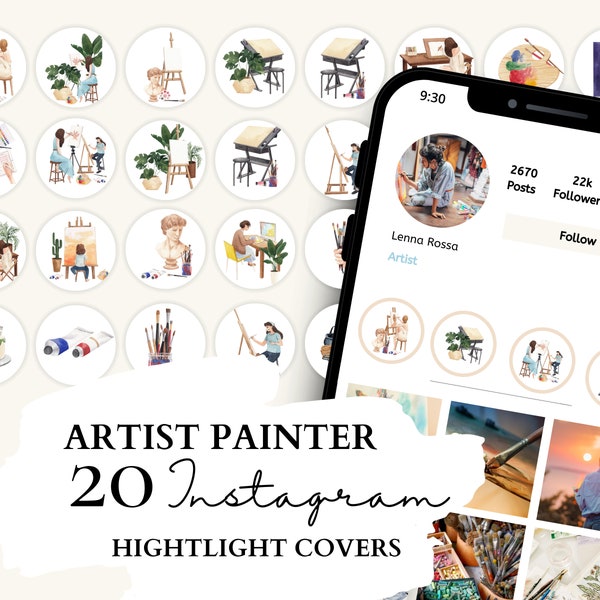 Painter Instagram Highlight Covers | Watercolor Painter Icons | 20 Watercolor Artist Painter Illustrations for Instagram Stories