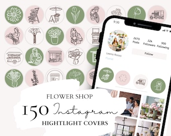 May include: A collection of 150 Instagram highlight covers featuring illustrations of flowers, floral arrangements, and flower shops. The covers are in a green and pink color scheme and are designed to be used for a flower shop's Instagram account.