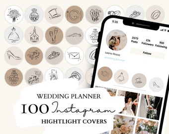 May include: A set of 100 Instagram highlight covers featuring wedding-themed illustrations. The covers are in a circular shape with a white background and black outlines. The illustrations include a wedding dress, a church, a cake, a ring, a champagne glass, a car, a bouquet of flowers, a hat, a plate, a gift box, a shoe, and a dove.