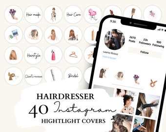 Puede incluir: 40 portadas de destacados de Instagram para una peluquera. Las portadas presentan ilustraciones de herramientas de peinado, cabello y una mujer con cabello largo y castaño. Las portadas también incluyen texto como "Cuidado del cabello", "Peinado", "Novia" y "Opiniones de clientes".