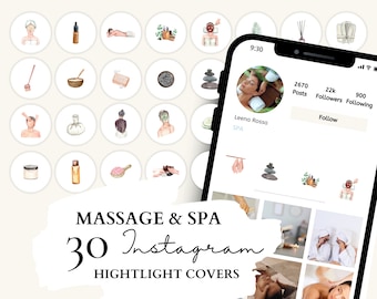 May include: A collection of 30 Instagram highlight covers with watercolor illustrations related to massage and spa treatments. The covers feature images of spa products, treatments, and a phone displaying a spa profile. The text "MASSAGE & SPA" and "30 Instagram HIGHTLIGHT COVERS" are also included.