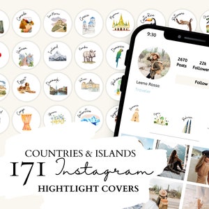 Instagram Travel Highlight Cover | 171 Länder & Inseln Aquarell Illustrationen für Instagram Stories