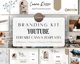 以下が含まれることがあります： YouTube 用のブランドキットで、編集可能な Canva テンプレートが含まれています。キットには、バナー 2 つ、イントロ 2 つ、アウトロ 2 つ、サムネイル 25 個が含まれています。このキットは、美容、ライフスタイル、ブログのチャンネル向けに設計されています。
