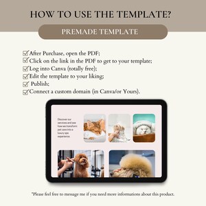 May include: A digital tablet displaying a website with images of dogs and cats getting groomed at a pet spa. The text on the website reads "Discover our services and see how we transform pet care into a luxury spa experience."