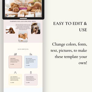 May include: Website mockup for a pet spa, featuring a pink and white colour scheme. The website lists services such as grooming, pet massage, nail trimming, and aromatherapy. The text "Pampering Pets, Elevating Well-Being" is at the top of the page.