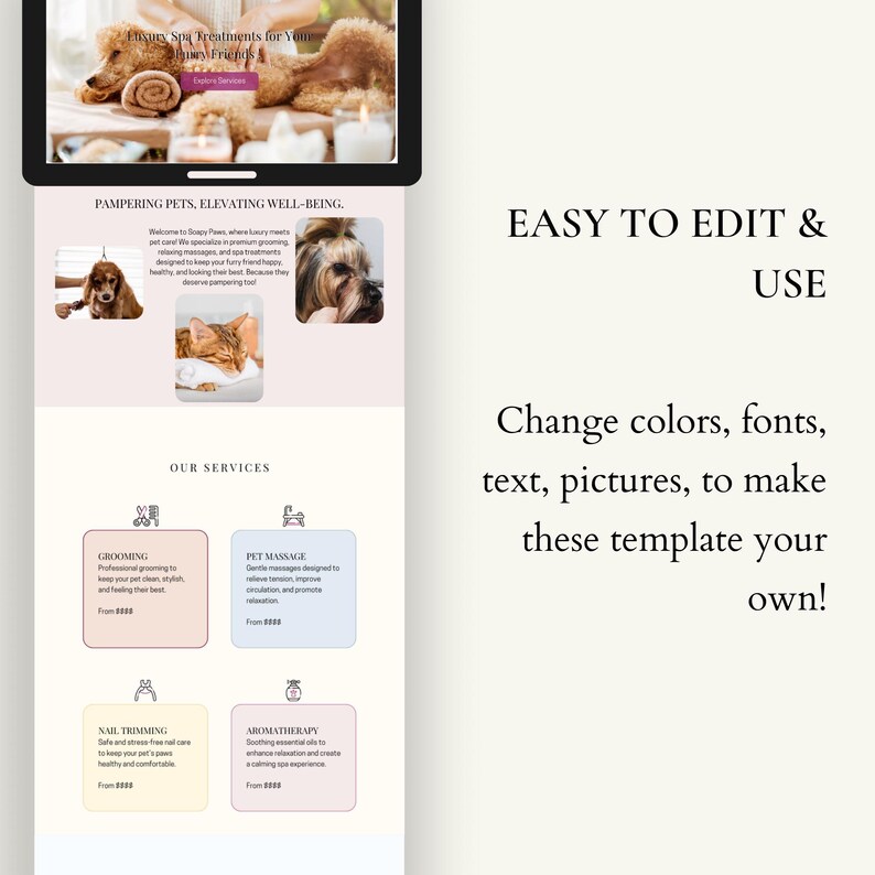 May include: Website mockup for a pet spa, featuring a pink and white colour scheme. The website lists services such as grooming, pet massage, nail trimming, and aromatherapy. The text "Pampering Pets, Elevating Well-Being" is at the top of the page.
