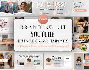 Youtube Branding kit Templates, Canva Templates | 25 Youtube Thumbnails, 2 Youtube Channel Art, 2 Intros, 2 Outros Templates for Youtubers