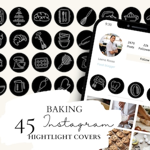 Baking Instagram Highlight Covers I Bakery Icons | 45 Baking White Illustrations on Black Background for Instagram Stories