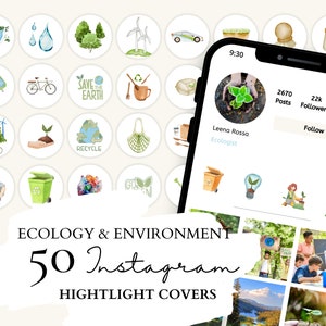Può includere: Un set di 50 copertine per highlight di Instagram con illustrazioni di temi ambientali, come il riciclaggio, gli alberi e l'energia pulita. Le copertine sono disegnate in stile acquerello con una palette di colori verde e marrone. Il testo "ECOLOGY & ENVIRONMENT 50 Instagram HIGHTLIGHT COVERS" è visualizzato nella parte inferiore dell'immagine.