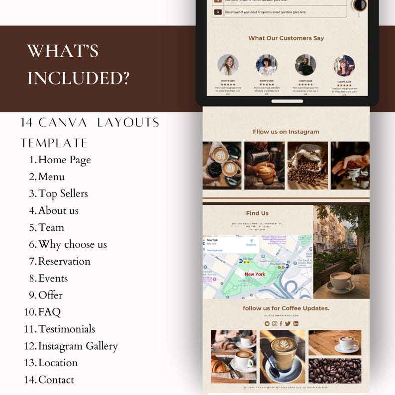 May include: A brown and white Canva template for a coffee shop website with 14 layouts, including a home page, menu, top sellers, about us, team, why choose us, reservation, events, offer, FAQ, testimonials, Instagram gallery, location, and contact.