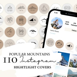 Portadas destacadas de Instagram de viajes I 22 ilustraciones populares de montañas en 5 fondos neutros para historias de Instagram