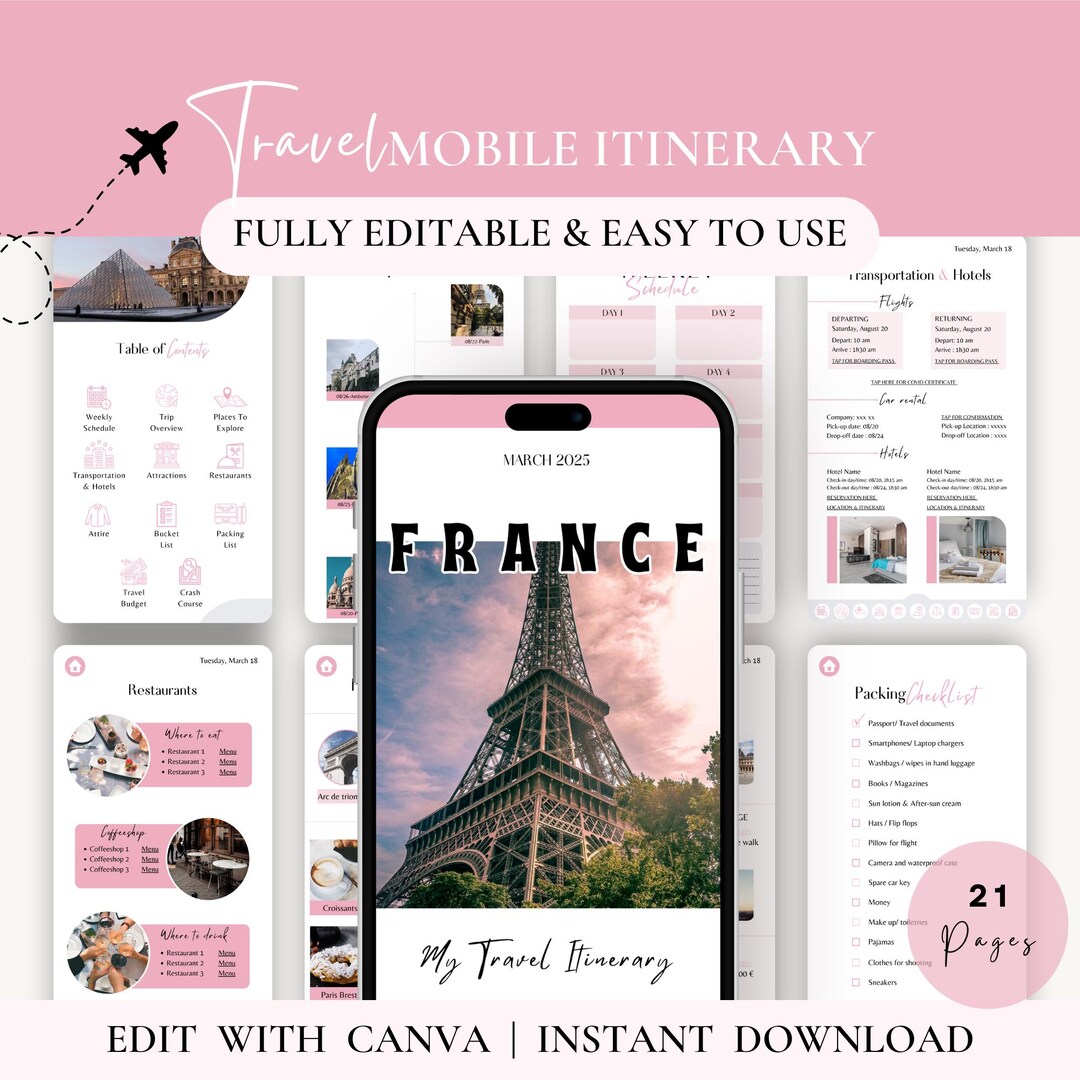 Mobile Travel Itinerary Template | Digital Travel Itinerary Template ...