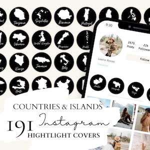 Reise Instagram Highlight Cover | 191 Länder und Inseln weiße Karten auf schwarzem Hintergrund für Instagram Stories