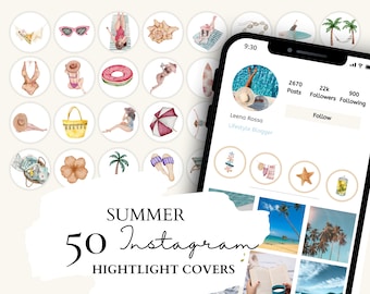 Zomer Instagram hoogtepuntcovers | Aquarel zomer iconen | 50 aquarel zomerillustraties voor Instagramverhalen