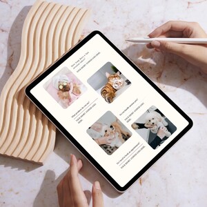 May include: A digital tablet displaying a quiz about pet grooming services. The quiz asks questions such as "How long does a spa session take?" and "Do you handle anxious pets?" The quiz is illustrated with photographs of cats and dogs being groomed.
