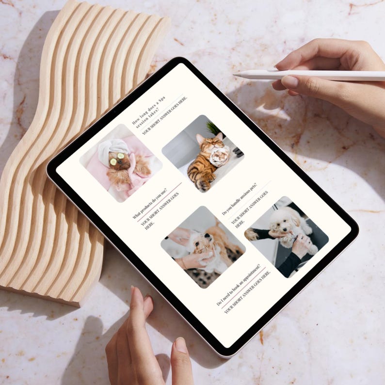 May include: A digital tablet displaying a quiz about pet grooming services. The quiz asks questions such as "How long does a spa session take?" and "Do you handle anxious pets?" The quiz is illustrated with photographs of cats and dogs being groomed.