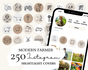 Modern Farm Instagram Highlight Covers , Farmer Icons | 50 Modern Farm Illustrations on 5 Neutral Backgrounds for Instagram Stories