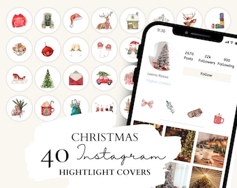 Christmas Instagram Highlight Covers | Watercolor Christmas Icons | 40 Christmas Watercolor Illustrations for Instagram Stories
