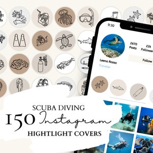 Portadas destacadas de Instagram de buceo / Iconos de buceo / 30 ilustraciones de buceo en 5 fondos neutros para historias de Instagram