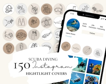 Scuba Diving Instagram Highlight Covers | Scuba Diving Icons | 30 Scuba Diving Illustrations on 5 Neutral Backgrounds for Instagram Stories
