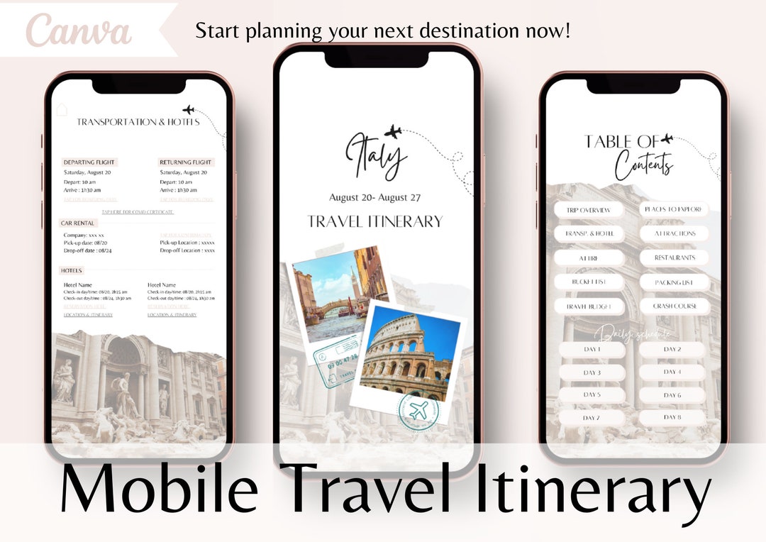 Mobile Travel Itinerary Template | Digital Travel Itinerary Template ...