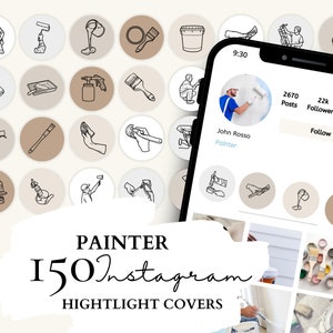 Op de afbeelding: Een set van 150 Instagram-highlightcovers met illustraties van schildergereedschap en -apparatuur. De covers zijn in een minimalistische stijl met een bruine achtergrond en zwarte contouren. De tekst "PAINTER 150 Instagram HIGHTLIGHT COVERS" staat onderaan de afbeelding.
