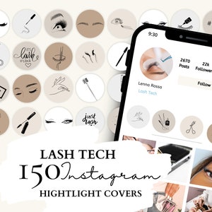 Puede incluir: Un conjunto de 150 cubiertas de resaltado de Instagram para técnicos de pestañas. Las cubiertas presentan varios diseños, que incluyen pestañas, herramientas de maquillaje y texto relacionado con los servicios de pestañas. El texto "LASH TECH 150 Instagram HIGHTLIGHT COVERS" se muestra en la parte inferior de la imagen.