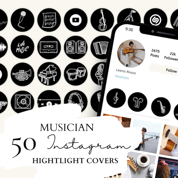 Musician Instagram Highlight Covers | Music Instagram Icons | 50 Musician White Illustrations on Black Background for Instagram Stories