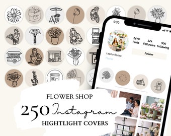 Flower Shop Instagram Highlight Covers, Florist Icons | 50 Flower Shop Illustrations on 5 Neutral Backgrounds for Instagram Stories