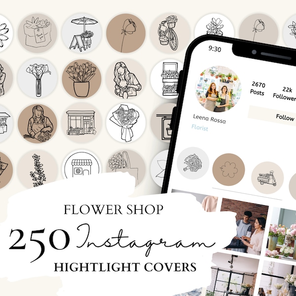 Flower Shop Instagram Highlight Covers, Florist Icons | 50 Flower Shop Illustrations on 5 Neutral Backgrounds for Instagram Stories