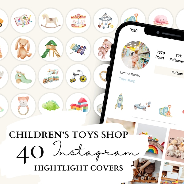 Toys Shop Instagram Highlight Covers | Children's Toys Shop Icons | 40 Toys Shop Watercolor Illustrations for Instagram Stories