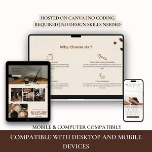 May include: A mockup of a website for a coffee shop. The website is designed to be mobile and desktop compatible. The website features a warm and welcoming atmosphere, high-quality coffee, unique offerings, and a focus on community. The website also includes a special offer for a free latte with the purchase of another latte.