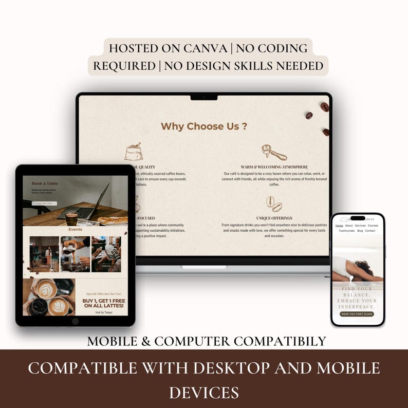 May include: A mockup of a website for a coffee shop. The website is designed to be mobile and desktop compatible. The website features a warm and welcoming atmosphere, high-quality coffee, unique offerings, and a focus on community. The website also includes a special offer for a free latte with the purchase of another latte.