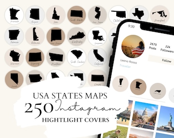 US States Instagram Highlight Cover | 50 USA States Maps Illustrations on 5 Neutral Backgrounds for Instagram Stories
