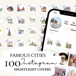 Reise Instagram Highlight Cover | 100 meist besuchte, berühmte Städte Aquarell Illustrationen für Instagram Stories