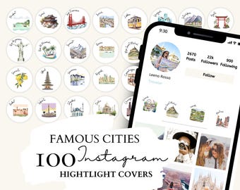 Travel Instagram Highlight Cover | 100 Top Visited, Famous Cities Watercolor Illustrations for Instagram Stories