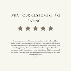 May include: A five star review for a mobile travel itinerary. The review states that the itinerary is beautifully designed, user-friendly, and helps the user stay organised while travelling. The reviewer also mentions that the seller's attention to detail is evident in every aspect of the itinerary.  The reviewer highly recommends this product to fellow travellers who want a stylish and efficient way to keep track of their adventures. The review is signed "Meryem".